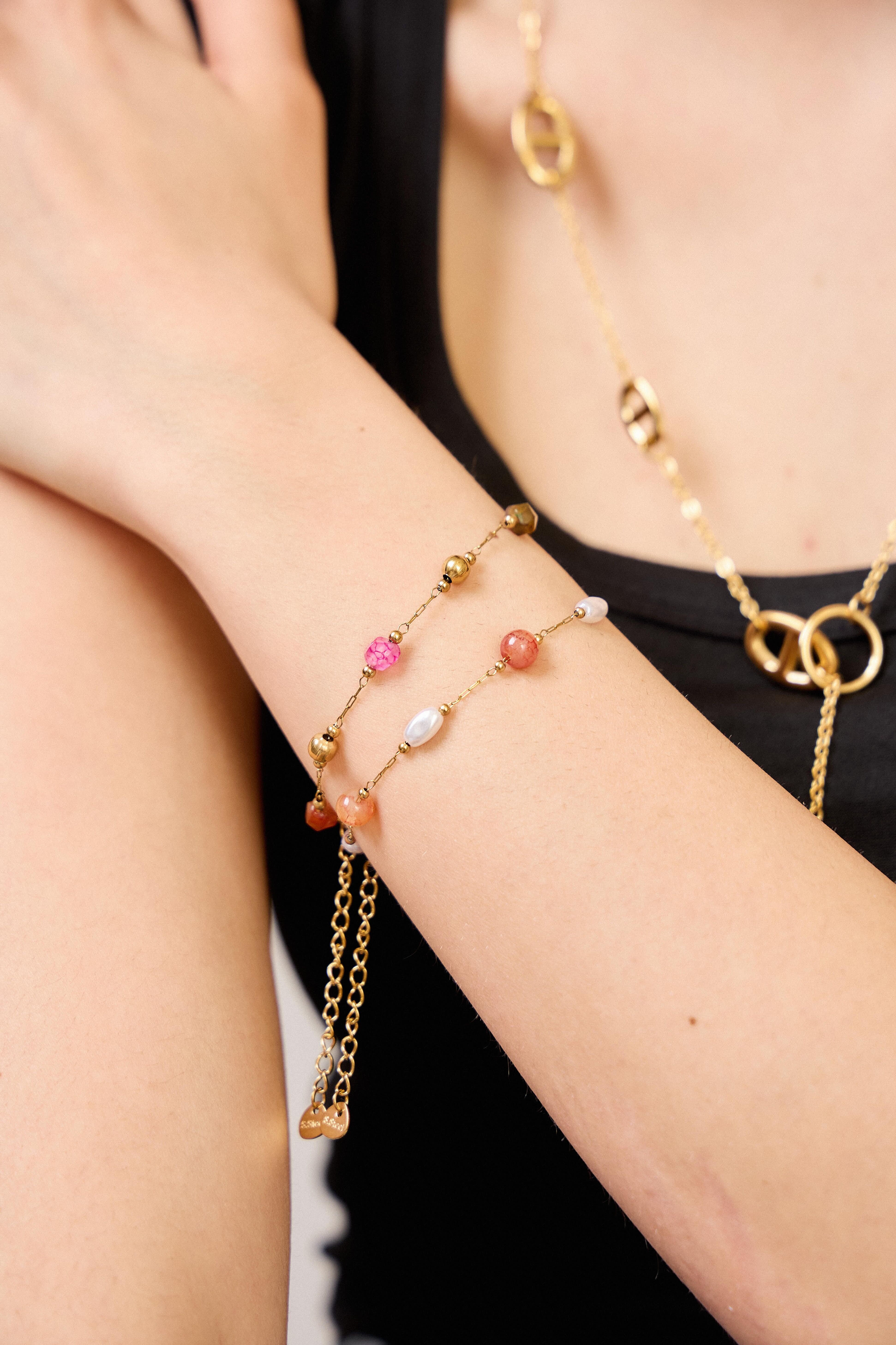 Bracelet pierres naturelles et perles en acier inoxydable