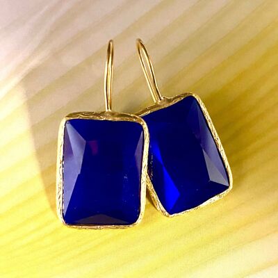 Boucles d'oreilles grandes pierres œil de chat cobalt rectangulaires