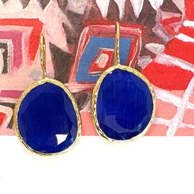 Boucles d'oreilles en pierre œil de chat bleu cobalt grande taille