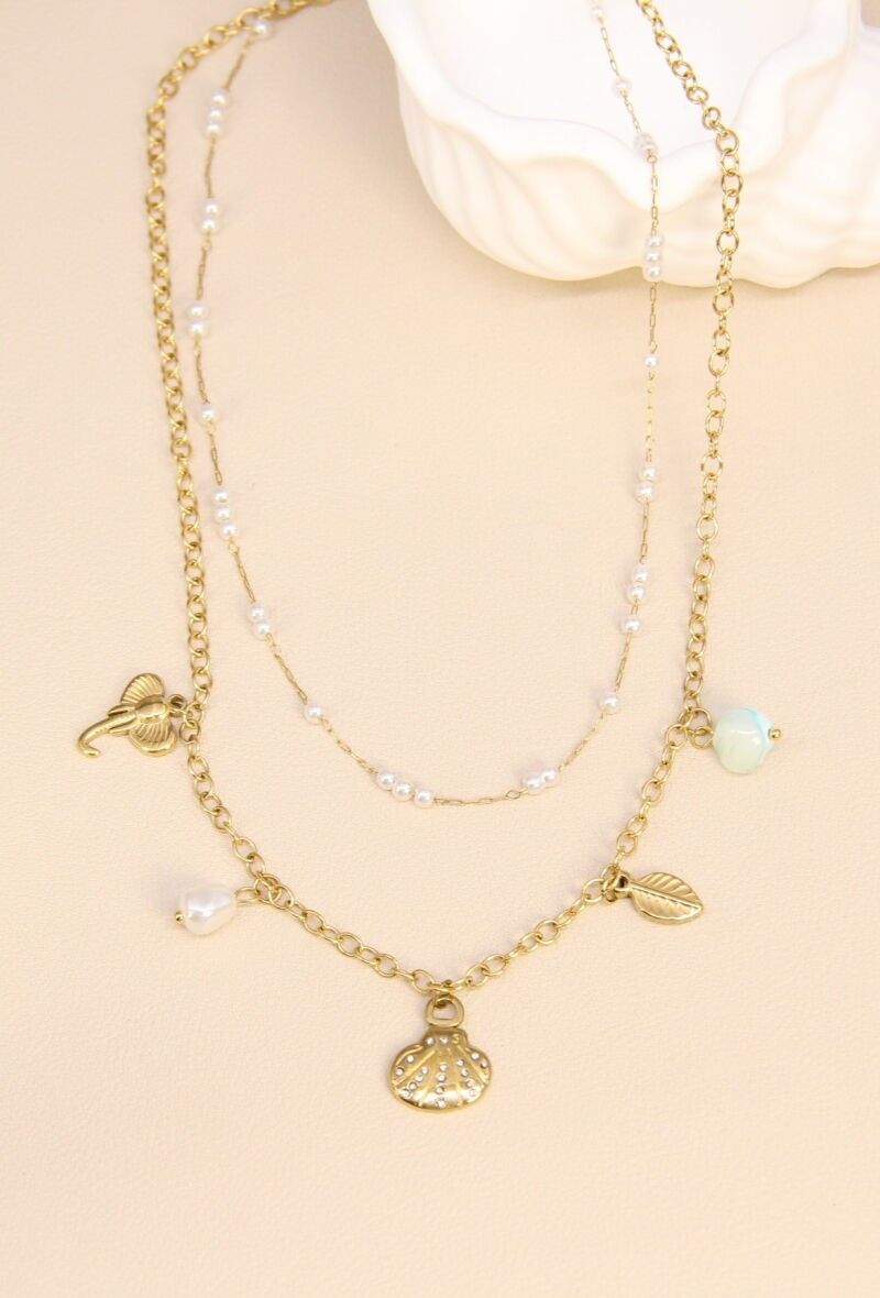 Collier à Breloques en Acier Inoxydable Orné de Perles - Élégance Intemporelle