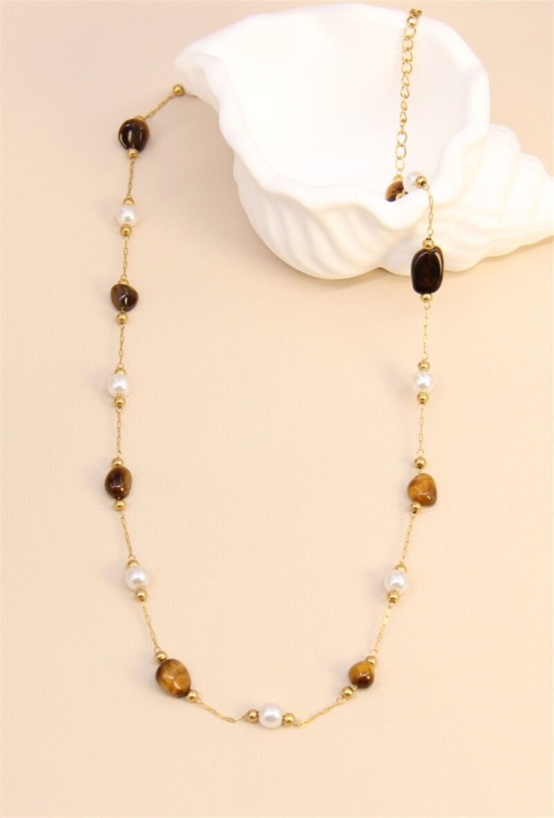 Collier Sahara Élégance en acier inoxydable et perles œil de tigre