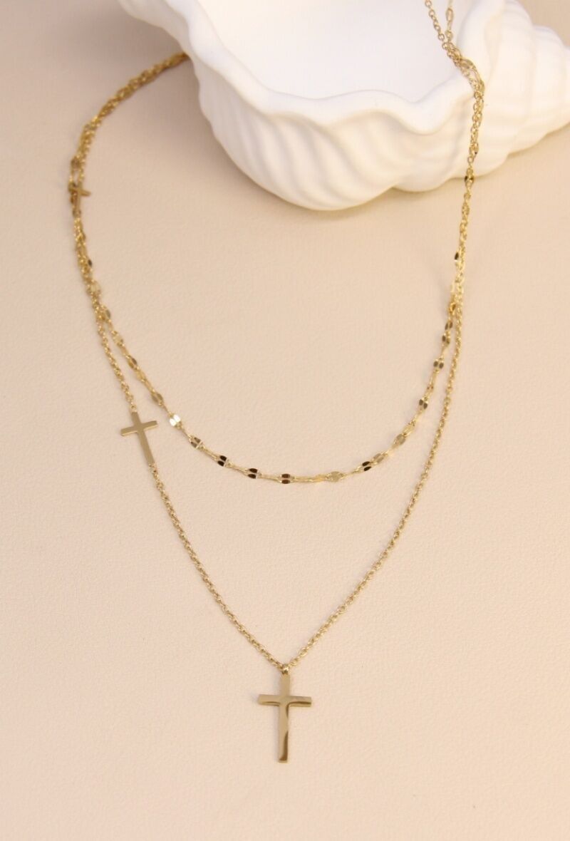 Collier double rangs croix – acier inoxydable