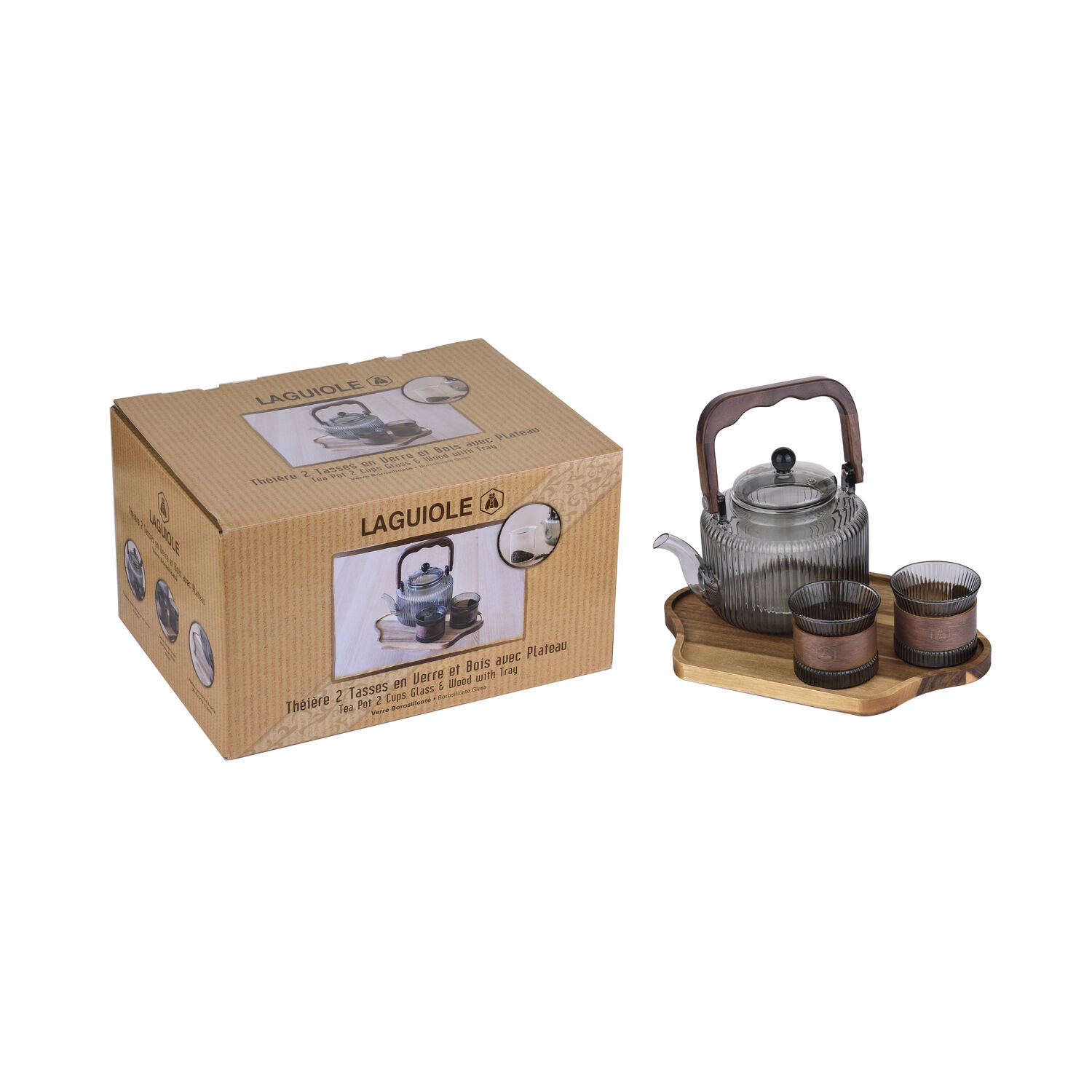 LAGUIOLE Tea Set - Teapot, Tray and 2 Glass Cups