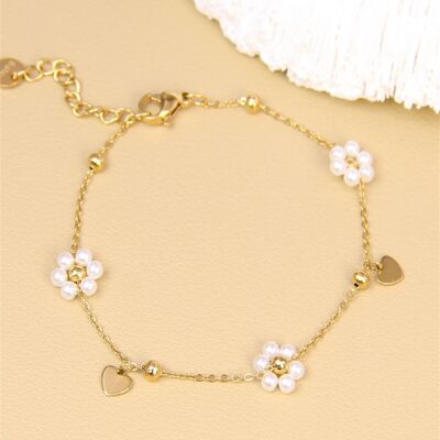 Flower, pearl and heart bracelet – Stainless steel