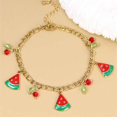 Watermelon Charm Bracelet – Colorful Enamel & Red and Green Beads