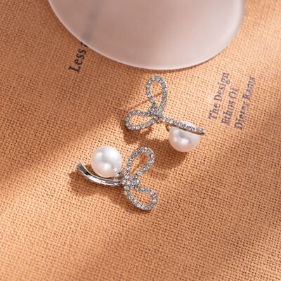 Elegant Bow Pearl Drop Earrings with Pavé Zircon – White