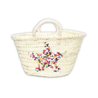 Cesta mediana de palma con lentejuelas de estrella – Tote marroquí hecho a mano, 17×30×11 cm