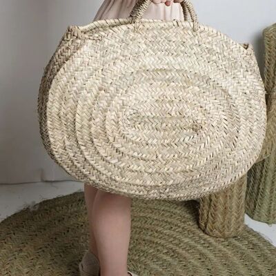 Cesta ovalada de palma natural – Bolso marroquí hecho a mano con cierre de tela, 53×54 cm