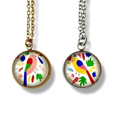 Collier oiseau coloré jaune ou rose, finition dorée ou argentée