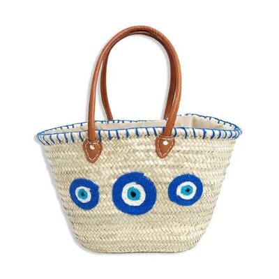 Cesta de palma con ojo malvado – Bolso marroquí hecho a mano con asas de cuero, 46 × 28 × 16 cm