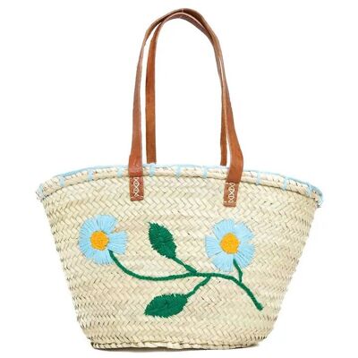 Cesta floral de palma natural – Bolso marroquí hecho a mano con asas de cuero, 27×48×19 cm