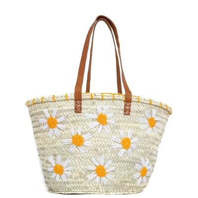 Cesta de margaritas de palma natural – Bolso marroquí hecho a mano con asas de cuero, 29×45×15 cm