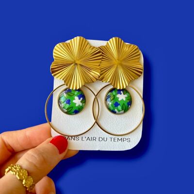 Large Green and Blue Flower Earrings