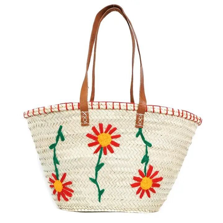 Cesto di fiori di palma naturali – Borsa fatta a mano con manici in pelle, 28×46×15 cm, realizzata in Marocco