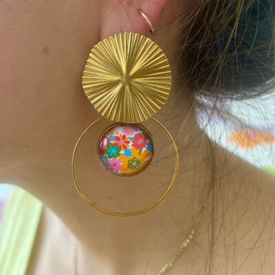 Grandes BOUCLES D'OREILLES Fleurs seventies multicolores