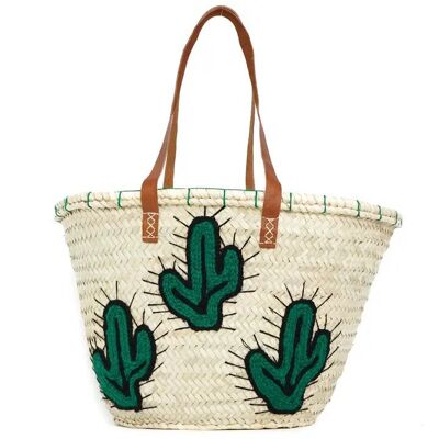 Cesta de palma natural con cactus bordados – Bolso marroquí hecho a mano con asas de cuero, 28×50×18 cm