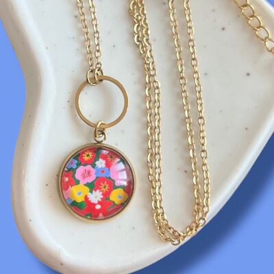 Collier liberty multicolore sur fond vert, finition dorée ou argentée