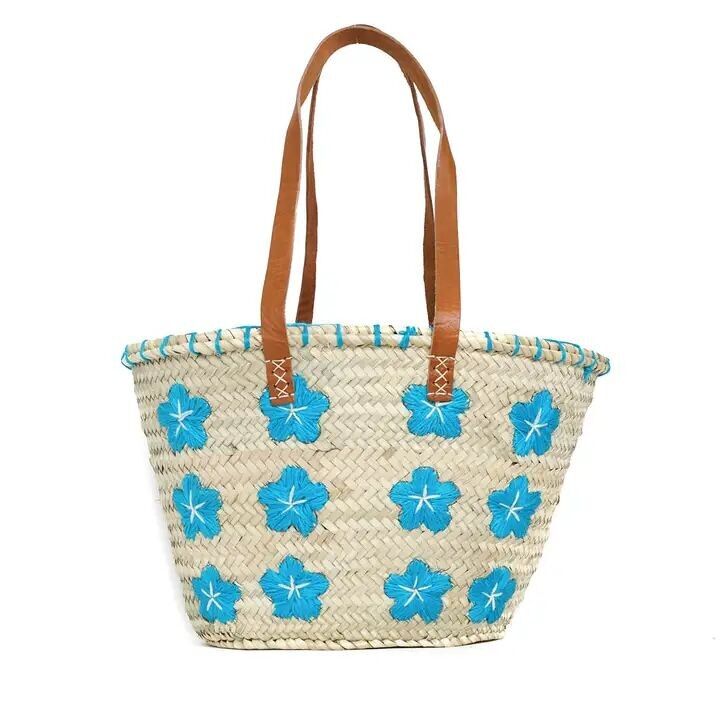 Cestino di palma naturale con fiori ricamati – Borsa tote fatta a mano con manici in pelle, 29×42×15 cm