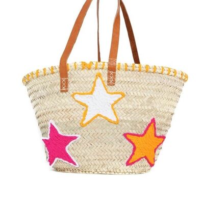 Cestino in palma naturale con stelle ricamate – Borsa tote fatta a mano con manici in pelle, 26×42×18 cm