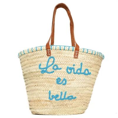 Cestino di palma naturale ricamato – Borsa marocchina fatta a mano con manici in pelle, 34×45×15 cm