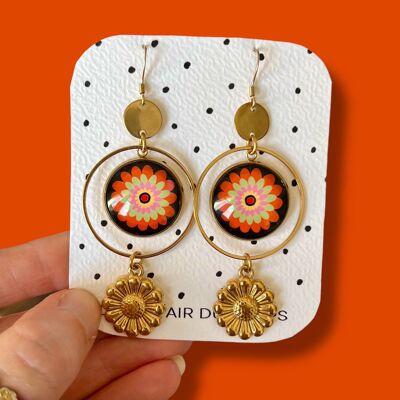 Large Orange and Black Flower Earrings