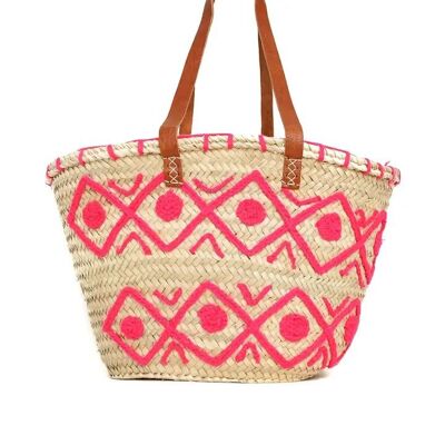 Cestino di palma a rombi ricamato – Borsa tote fatta a mano con manici in pelle, 29×45×17 cm