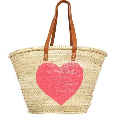 Cesta de palma natural con corazón de lentejuelas – Bolso hecho a mano en varios colores, 34×54×20 cm