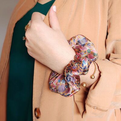 Scrunchie LOUISE / stampa floreale ocra con filo lurex dorato