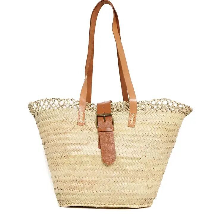 Cestino in palma naturale con fibbia in pelle – Borsa marocchina fatta a mano, 30×47×16 cm