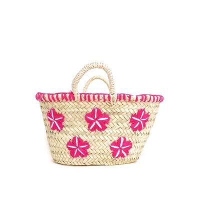 Mini cesta de palma con flores bordadas: bolso artesanal, con opciones de colores, hecho en Marruecos (17 × 33 × 13 cm)