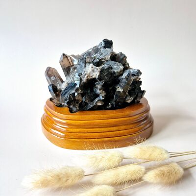 XL Raw Smoky Quartz Gemstone Cluster on Wooden Stand – #6 760grams