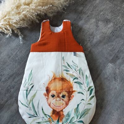 Gigoteuse bébé taille 1 ( 0 à 6 mois), singe et double gaze rouille uni, turbullette bébé, cadeau de naissance, maternité, décoration