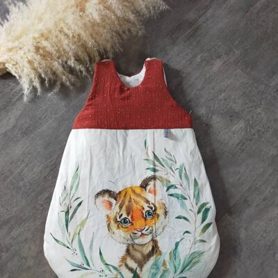 Baby sleeping bag size 1 (0 to 6 months), tiger and double gauze rust and gold, baby sleeping bag, newborn gift, maternity, decoration