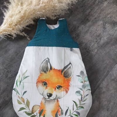 Baby sleeping bag size 1 (0 to 6 months), FOX and DUCK BLUE and gold double gauze theme, baby sleeping bag, newborn gift, maternity, decoration