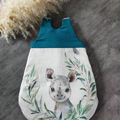 Saco de dormir para bebé talla 1 (0 a 6 meses), tema RHINOCEROS y gasa doble PATO AZUL y dorado, saco de dormir para bebé, regalo de nacimiento, maternidad, decoración
