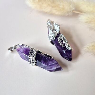 Gemstone Amethyst Necklace Pendant – Double Point (4.5cm) with Silver Holder