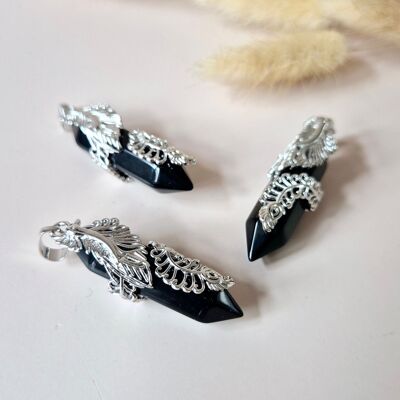 Gemstone Black Obsidian Necklace Pendant with Ornate Holder – 4.5cm