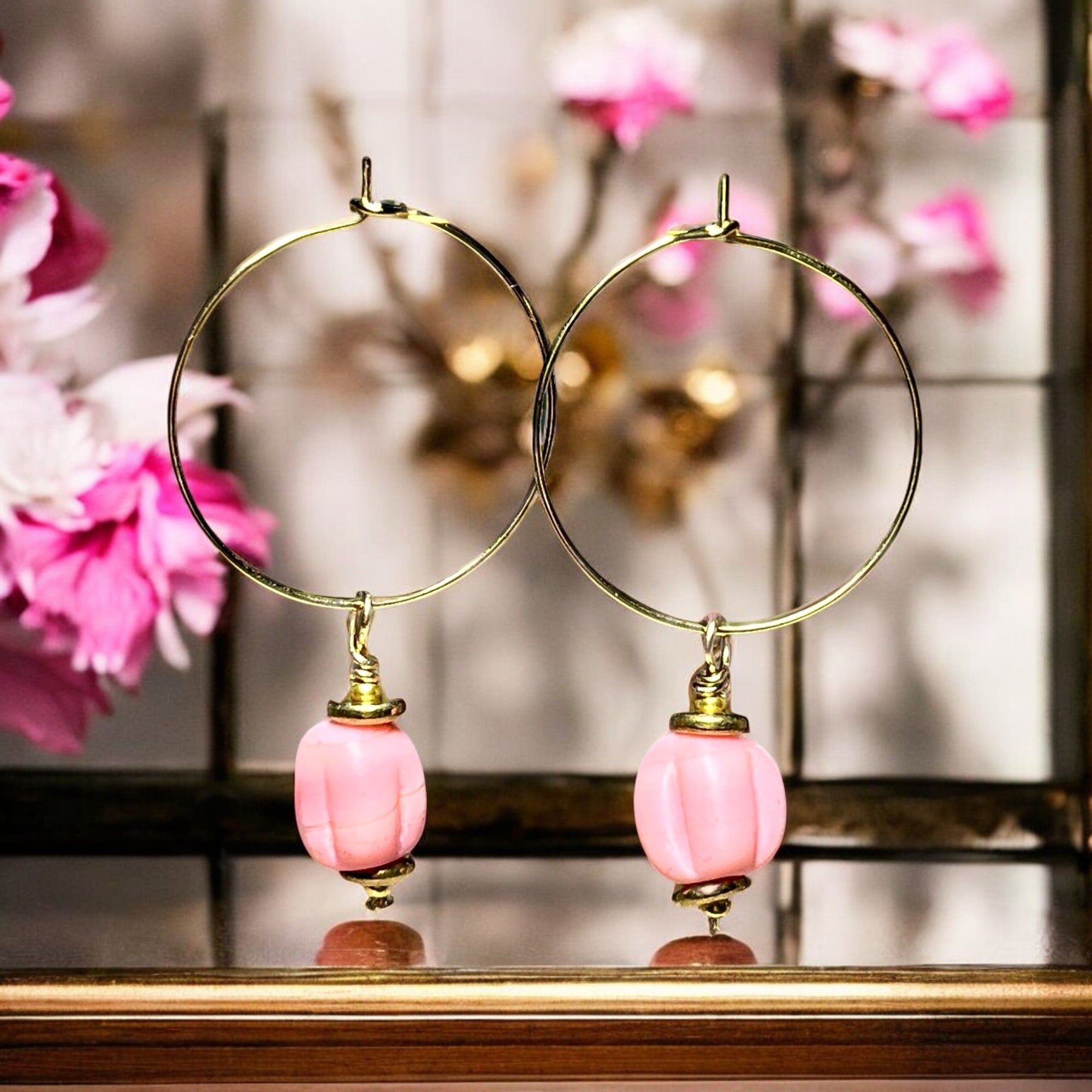 Orecchini "ADALINA", perle africane rosa dorate con oro fino