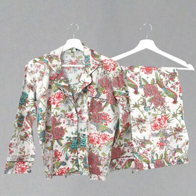 Pijama largo de algodón - Estampado floral verde azulado sobre blanco