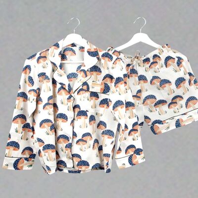Ensemble pyjama court en coton - Champignon bleu et blanc