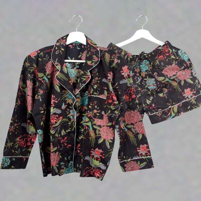 Ensemble pyjama court en coton - Imprimé oiseau noir