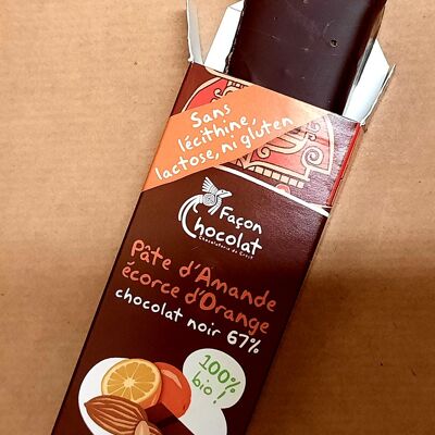 Barre chocolatée à la pâte d'amande et à l'ecorce d'orange confite, BIO, 40g