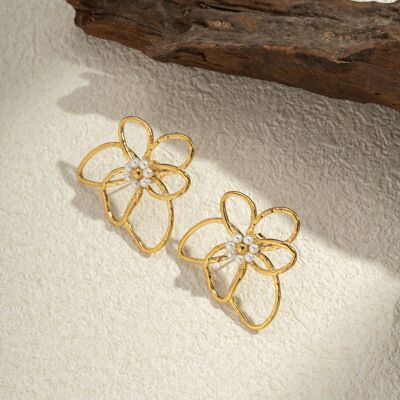 Boucles d’Oreilles Acier inoxydable Fleur Perle Pétale Inégal