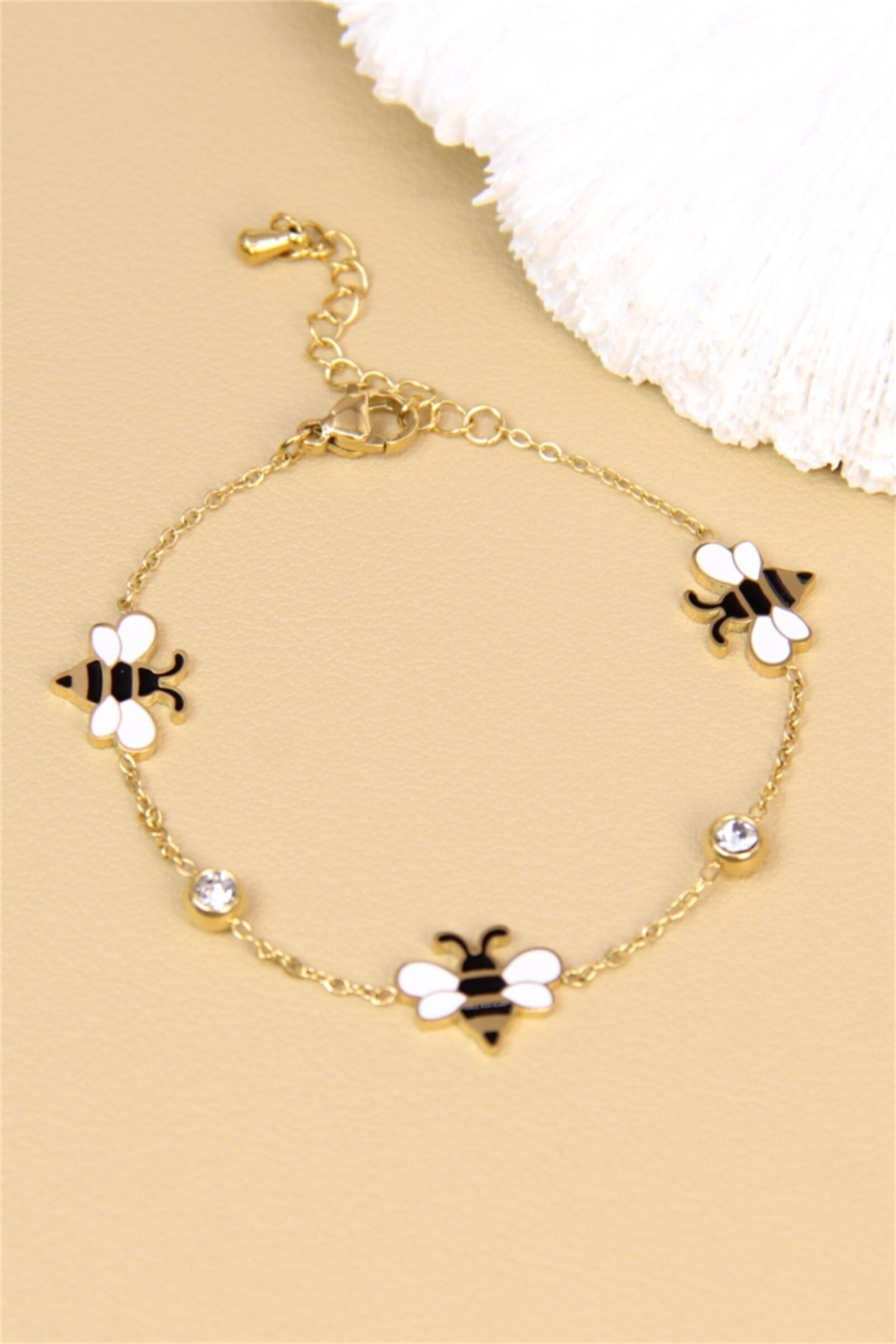 Bracelet abeille en acier inoxydable – Émaillé noir et blanc