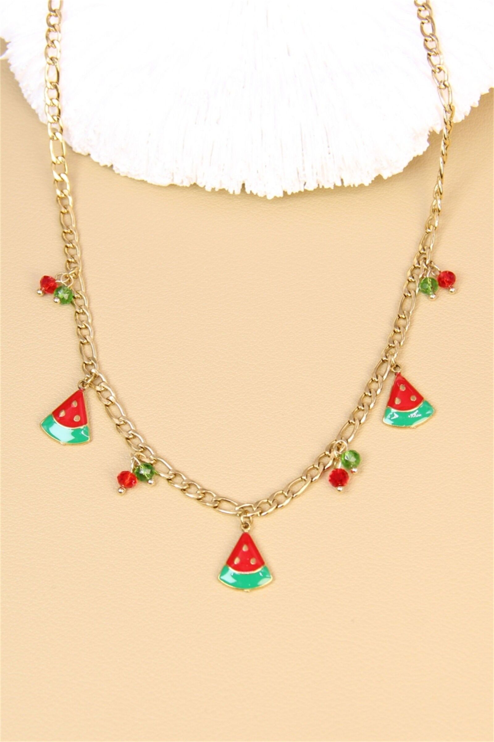 Goldene Sommerkette mit Wassermelonen-Anhängern – Fruchtige Fantasie, rote und grüne Perlen