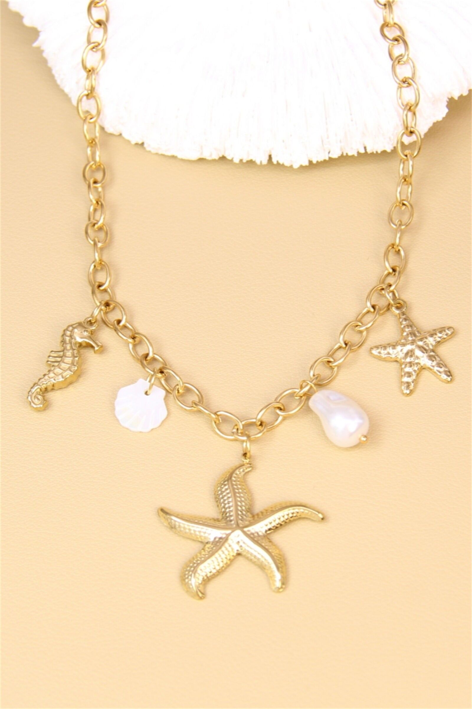 Marine-Halskette aus Edelstahl – Seestern, Seepferdchen & Perle