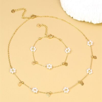 Parure fleurs perles & cœurs dorés – Collier + Bracelet – Acier inoxydable
