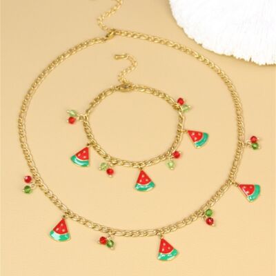 Set anguria – Collana + bracciale con ciondoli smaltati e perline colorate