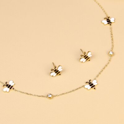 Stainless steel bee set – Necklace + white & black enamel earrings
