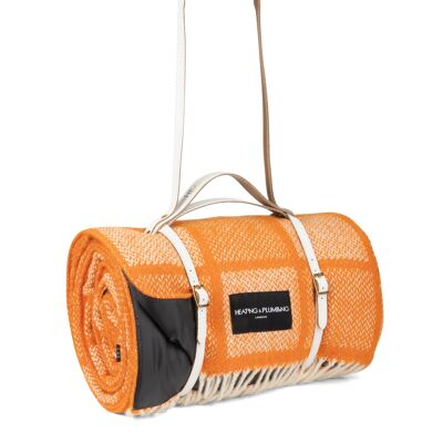 Pure New Wool Picnic Blanket - Mosaic - Orange - Long White Strap
